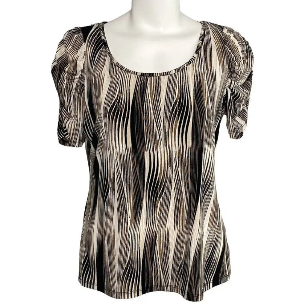 Worthington Brown Cream Black Stretch Knit‎ Ruched Sleeve Top sz Small